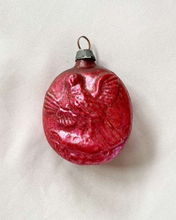 1900s Antique German Double Ornament Eagle and Cornucopia on a Disk, Embossed Mercury Glass Bird Christmas Ornament two sided bright red ornament very early Germany excellent figural glass ornament