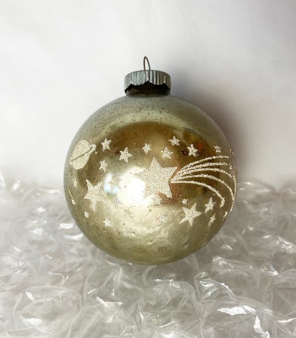 vintage large Jumbo Shiny Brite mica Stencil Ornament Solar System silver Glass Christmas Ornament, 1950s rare with extra large cap