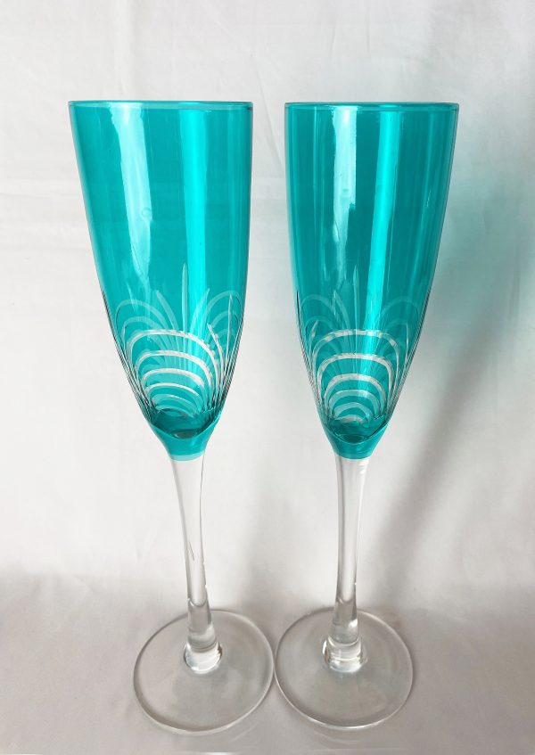 vintage christmas stemware holiday serving ware pair tall champagne flutes blue green cut crystal 10 inch tall glasses excellent pair