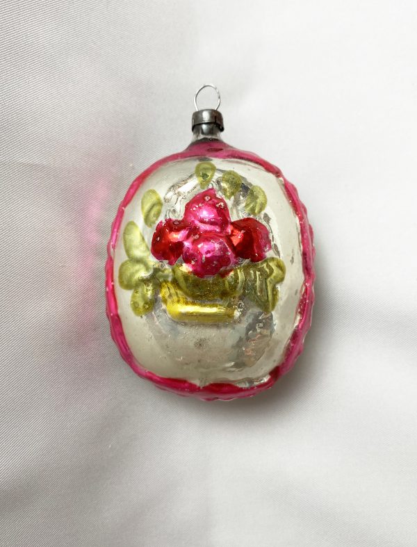 Vintage Floral Pillow on a Disk Ornament, 2 Sided silver bumpy Embossed German Double Glass Ornament, 1950s