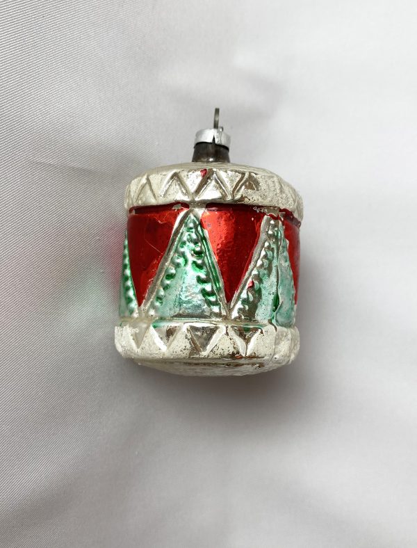 Vintage German Christmas Ornament Drum multi color with mica, Music Instruments Mercury Glass Ornament, Musician Gift 1950s
