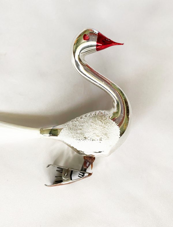 Vintage German Ornament Clip On silver swan white mica wings and Spun Glass Tail red beak and eyes, 1960s christmas ornament excellent