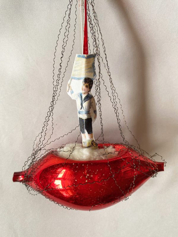Vintage German red glass Boat Ornament Wire Wrapped Free Blown Scrap Sailor Ornament, 1950s