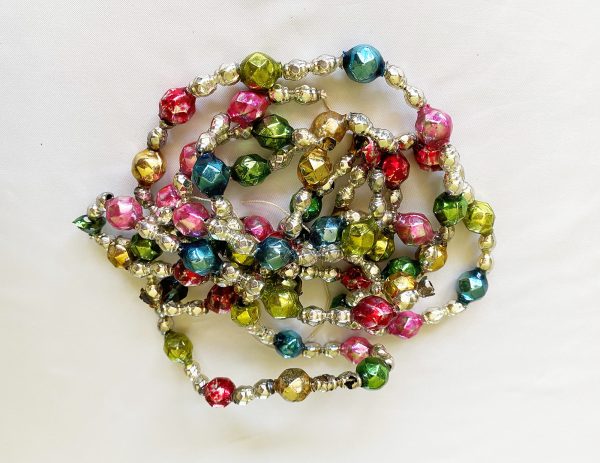 1930s antique mercury glass beaded garland, over 6 feet long multi facted colorful large beads with silver bumpy double beads, japan multi color glass tree garland 77 inches excellent
