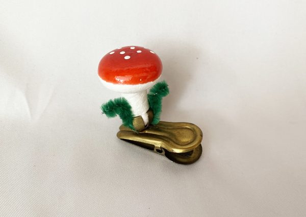 Vintage Spun Cotton Christmas Ornament Clip On Mushroom, German Spotted Mushroom Good Luck Ornament 1950s