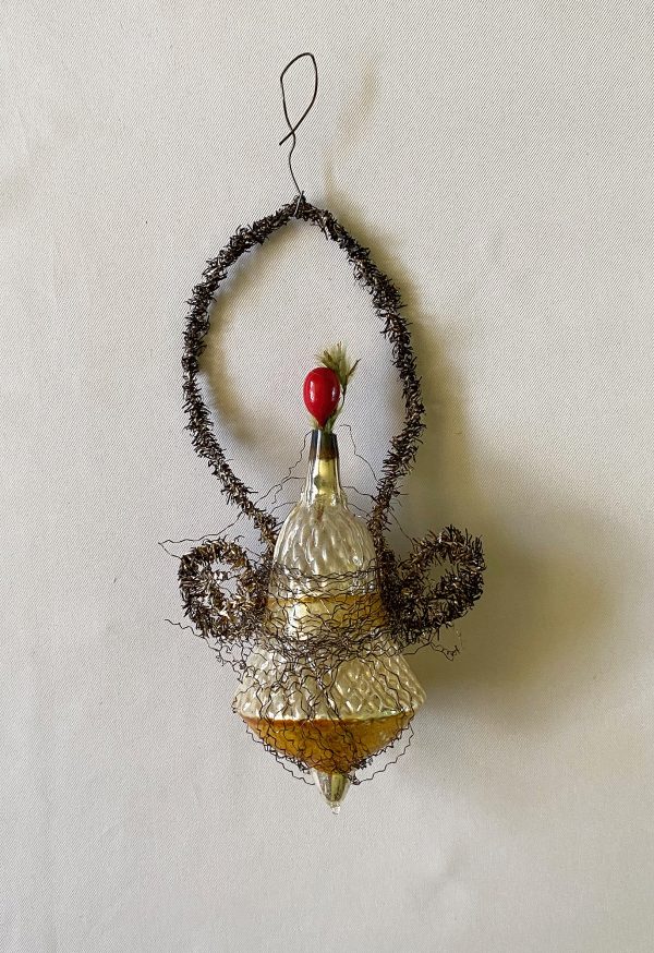 Antique Glass and Tinsel German Christmas Ornament Early 1900s, Victorian Glass Wire Wrapped Bell Tinsel Ornament