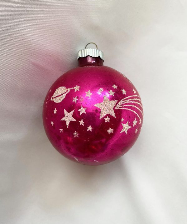 vintage Jumbo Shiny Brite Stencil Ornament Solar System moon stars Pink Glass Christmas Ornament 1950s