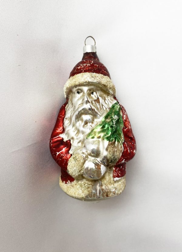 1930s Vintage Glass Ornament Red Coat Santa Mica, German Santa Holding Tree Figural Glass Christmas Ornament Belsnickle