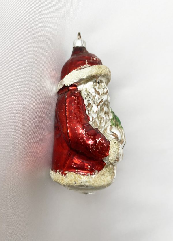 1930s Vintage Glass Ornament Red Coat Santa Mica, German Santa Holding Tree Figural Glass Christmas Ornament Belsnickle