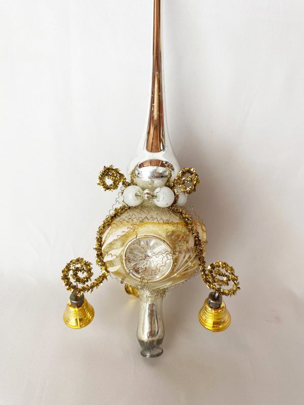 Vintage Wire Wrapped Triple Indent Tree Topper Germany, Large 11 inch gold and silver Mercury Glass Tree Top 1950s Czech