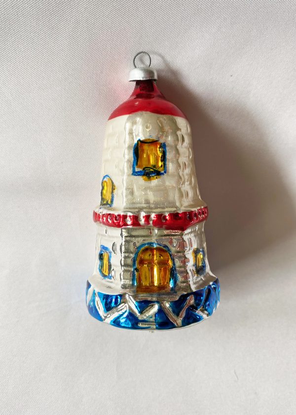Vintage figural Glass Ornament Lighthouse, Red White Blue Patriotic Blown Glass Christmas Ornament, 1950s czech excellent