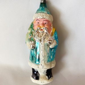 Large 5 inchantique german blue coat santa mercury glass ornament, flesh face santa white mica trim, rare form carrying sack and tree both 1920s to 1930s, excellent
