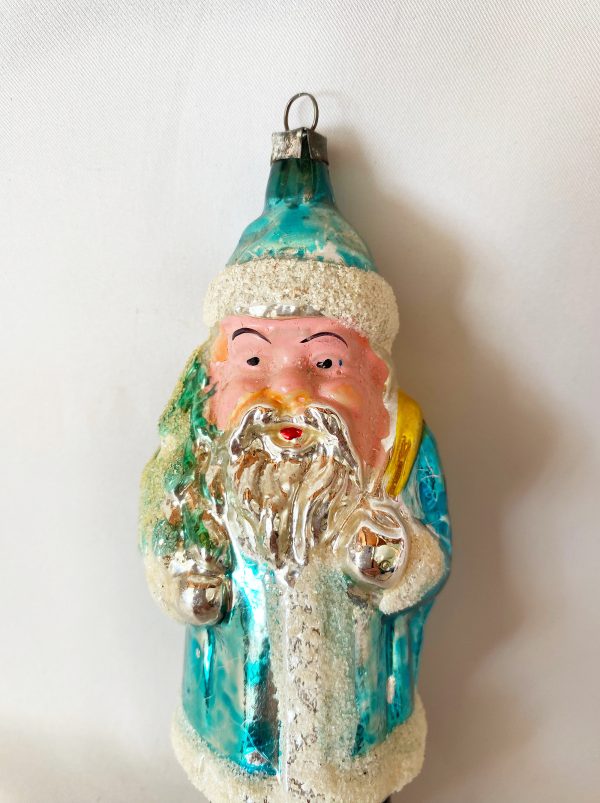RARE large 5 inch Antique German Christmas Ornament Large Blue Coat Santa with Tree and Backpack, hand painted flesh face and white mica excellent rare form ornament