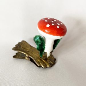 1950s vintage german spun cotton mushroom christmas ornament on clip, vintage clip on red spotted mushroom ornament