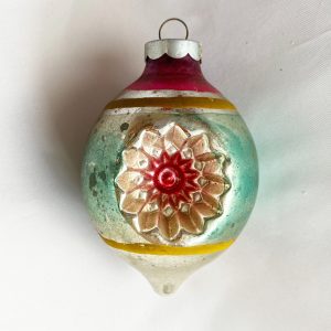 Vintage Jumbo Shiny Brite Large Double Indent Teardrop Christmas Ornament, Corning Double Reflector star floral indent ornament with extra large cap, 1940s usa christmas ornament