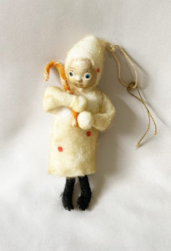 Antique Spun Cotton Christmas Ornament Little Girl Candy Cane, RARE German Ornament 1920s