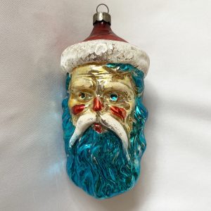 Vintage Large German Blue Santa Head Glass Ornament, Weinachtsmann Head Jumbo Figural mercury glass Christmas Ornament, Father Christmas, 1950s
