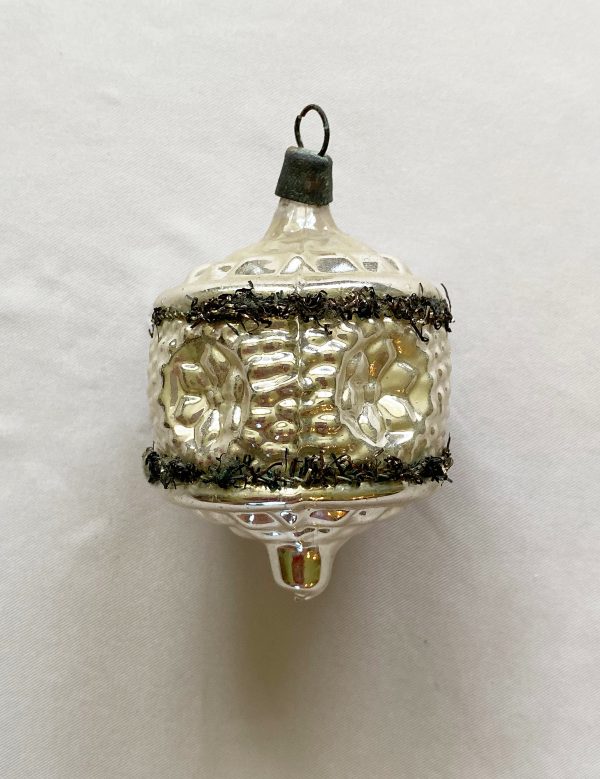 Rare 1890s German dome cap silver indent glass ornament, six indents, bumpy hexagon plaster cap ornament with silver tinsel trim and long pontil