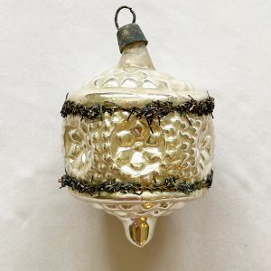 1890s RARE German Dome Cap Hexagon Ornament SIX Indents framed with thin tinsel strands, Bumpy silver Glass Christmas Ornament with long pontil