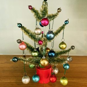 1940s occupied japan visca celluloid small tabletop christmas tree putz display 8 inches tal with 23 mercury glass ornaments excellent