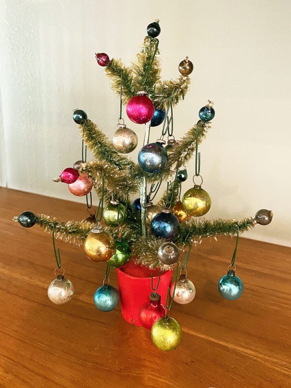 Vintage Miniature Christmas Tree with mercury Glass ornaments one inch balls Japan, 8″ Cellophane Visca Bottle Brush tree Putz display, miniature christmas tabletop tree, 1940s