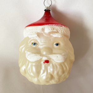 1960s Vintage Large Santa Head Glass Ornament, Unsilvered Nast Style Santa Mica trim German Christmas Ornament
