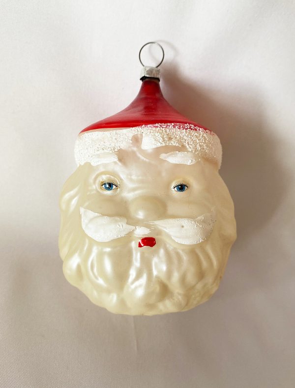 1960s Vintage Large Santa Head Glass Ornament, Unsilvered Nast Style Santa Mica trim German Christmas Ornament