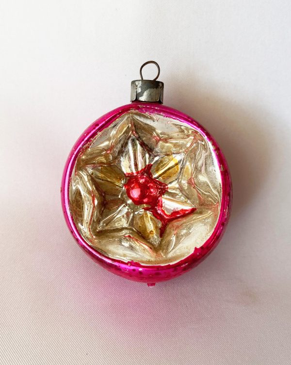 antique deep star indent mercury glass ornament, pink and silver deep multi pointed star blown glass ornament 1930s german christmas
