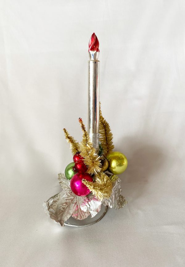 Vintage Christmas Mercury Glass Candle Decoration Japan 1950s blown glass flame candle and glass ornaments with four brush trees and silver foil leaves christmas centerpiece tabletop decoration