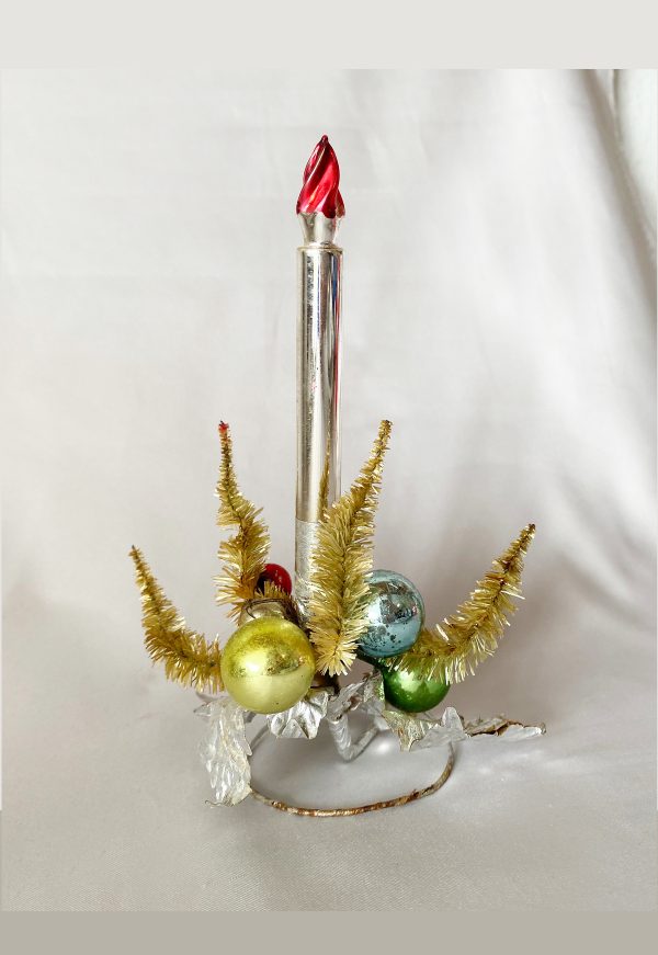 Vintage Christmas Mercury Glass Candle Decoration with Ornaments and brush trees silver foil leaves, Japan 1950s, christmas tabletop centerpiece decor