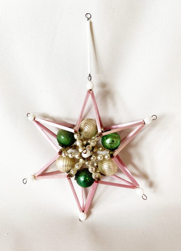 vintage czech beaded glass christmas ornament 3D pink hexagon star ornament 1950s christmas