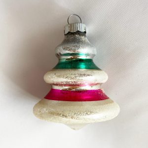 vintage Shiny Brite USA Glass Tree Shape Ringed Mica Christmas Ornament, UFO Tree Bell Ornament 1950s christmas retro decor