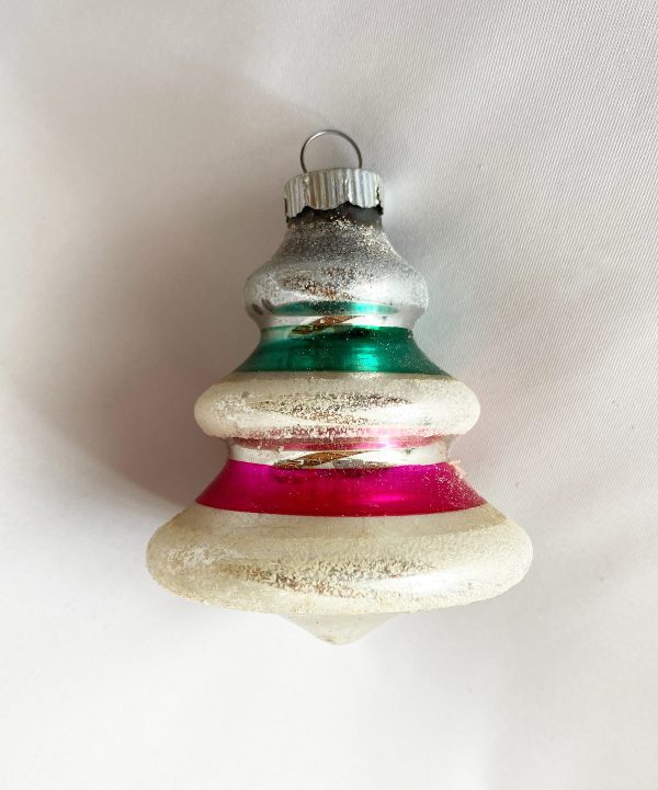 vintage Shiny Brite USA Glass Tree Shape Ringed Mica Christmas Ornament, UFO Tree Bell Ornament 1950s christmas retro decor