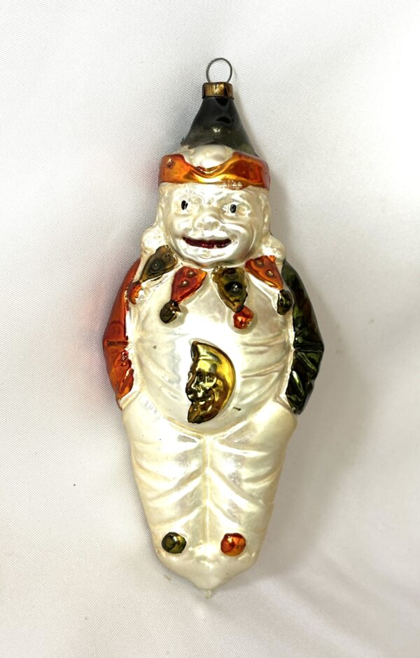 Antique German Glass Ornament Large 5" Jester Circus Clown with Half Moon Christmas Ornament 1940s