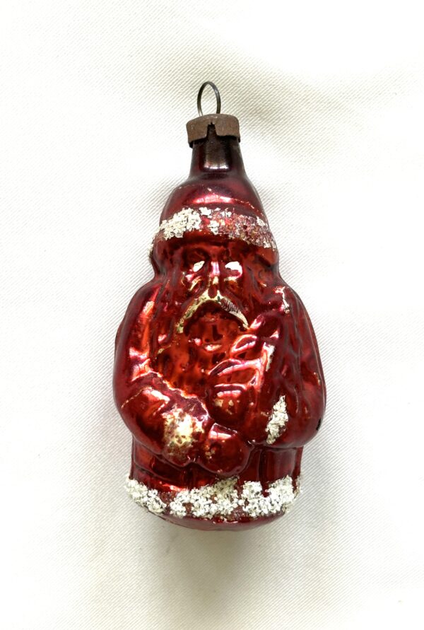 1930s Antique German Small Red Coat Mica Santa Figural Glass Christmas Ornament