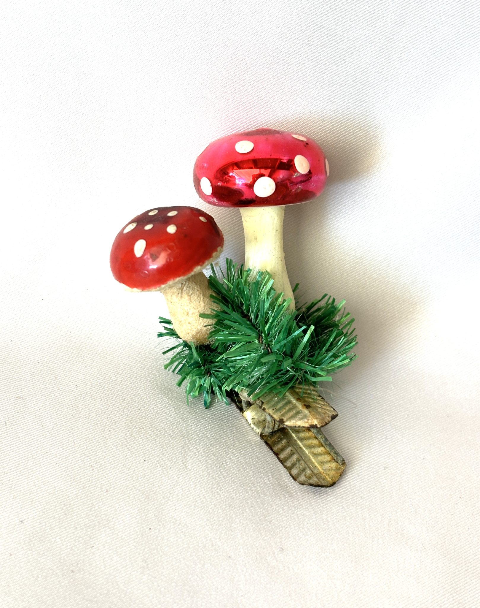 Antique German Mushrooms Glass Clip Ornament, Glass and Cotton Clip On Double Christmas Ornament