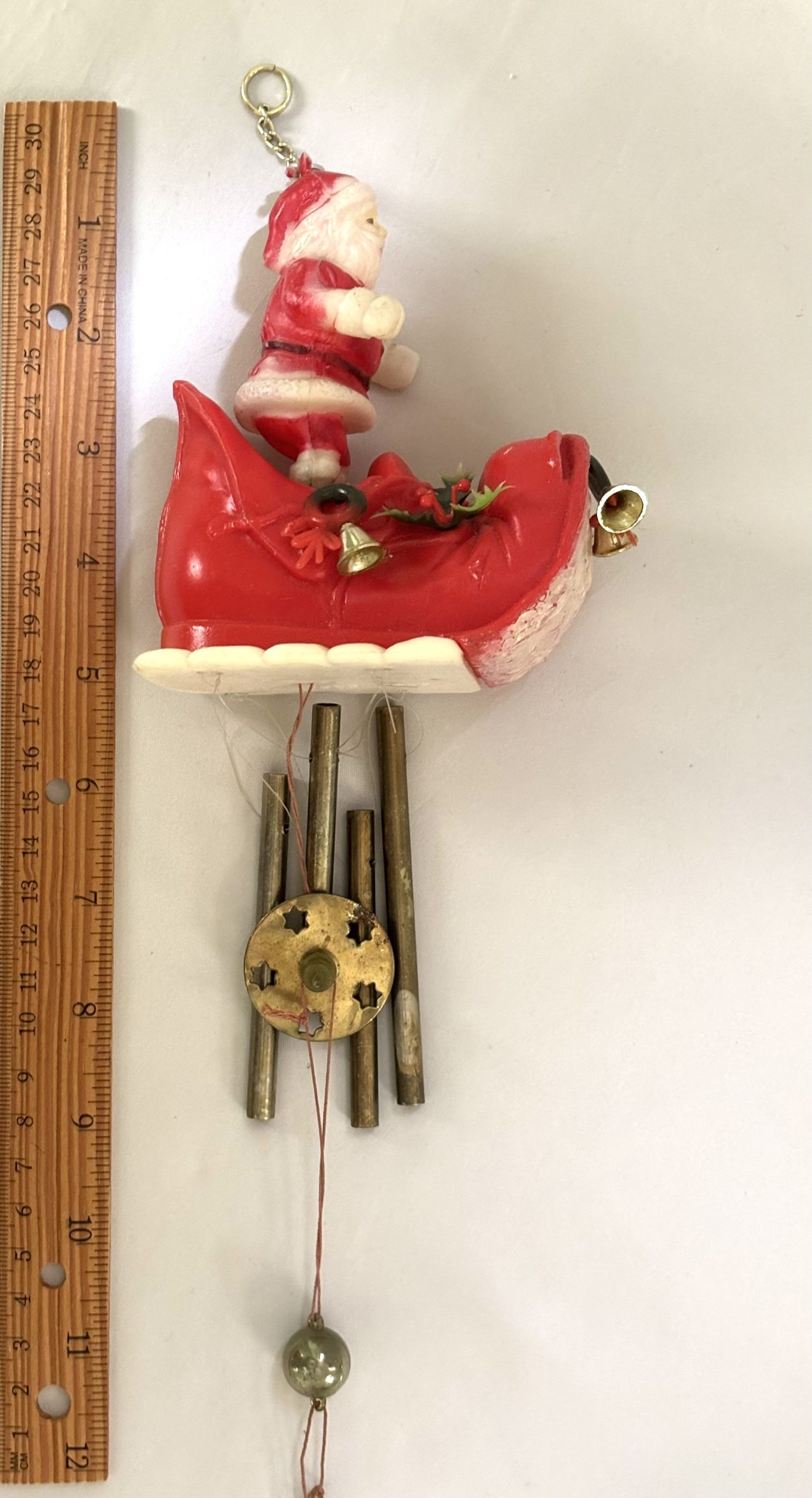 Vintage Christmas Santa in Sleigh Wind Chimes Retro Plastic Red Boot MCM Christmas Decorations - Image 3
