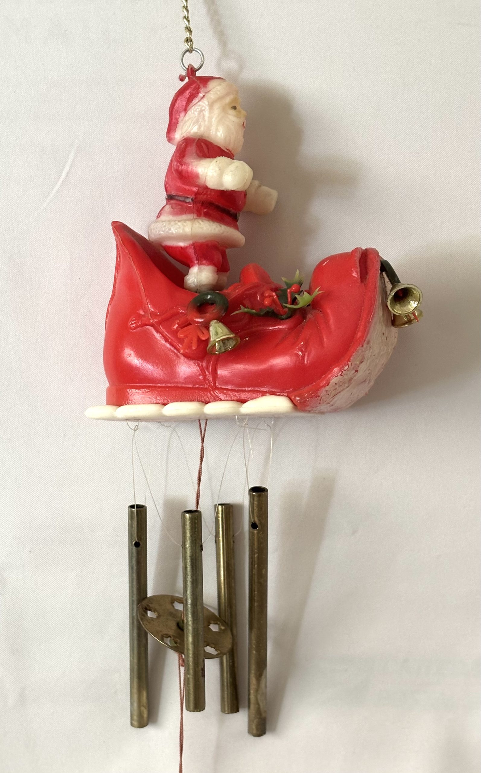 Vintage Christmas Santa in Sleigh Wind Chimes Retro Plastic Red Boot MCM Christmas Decorations - Image 2