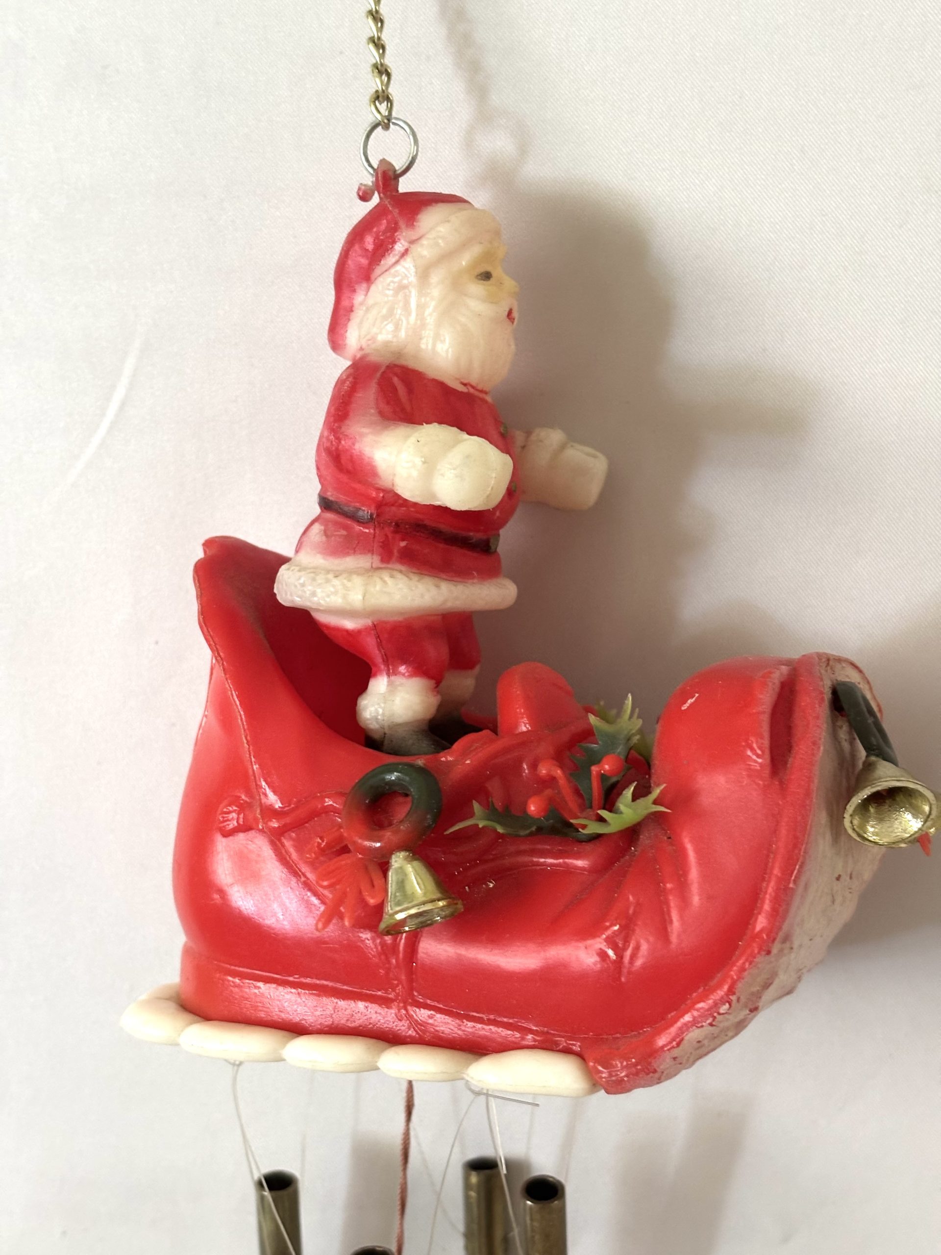 Vintage Christmas Santa in Sleigh Wind Chimes Retro Plastic Red Boot MCM Christmas Decorations