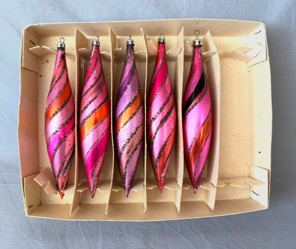 Vintage Striped Icicle Christmas Ornaments Poland Pink Red Purple Glitter Teardrop Ornaments - Image 2