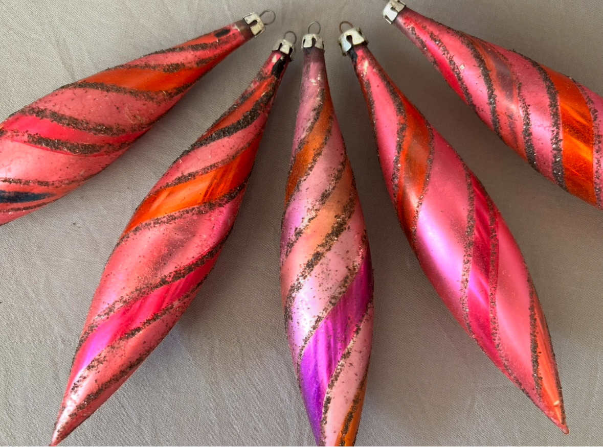 Vintage Striped Icicle Christmas Ornaments Poland Pink Red Purple Glitter Teardrop Ornaments - Image 4
