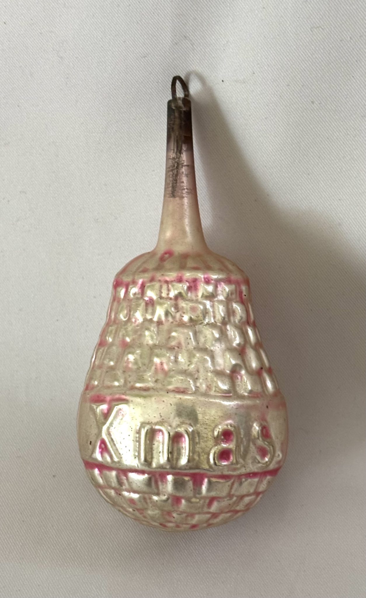 1900s Antique Glass Ornament Merry Christmas Embossed Baby Rattle Two Sided Christmas Ornament - Image 2