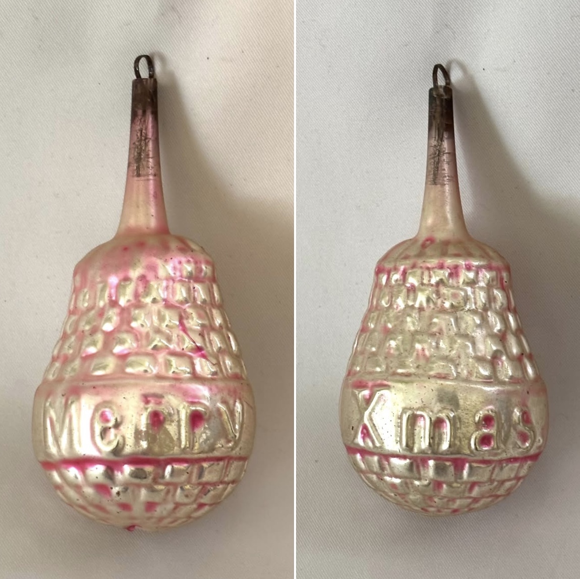 1900s Antique Glass Ornament Merry Christmas Embossed Baby Rattle Two Sided Christmas Ornament - Image 3