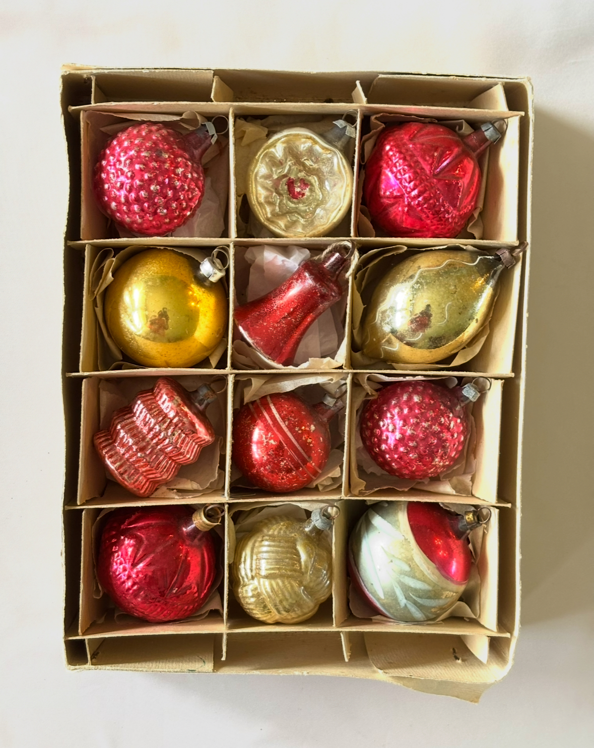 Antique Feather Tree Glass Christmas Ornaments, 12 Small German Figural Glass Ornaments