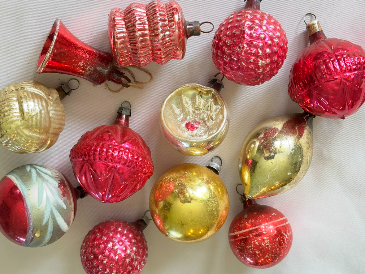 Antique Feather Tree Glass Christmas Ornaments, 12 Small German Figural Glass Ornaments - Image 3