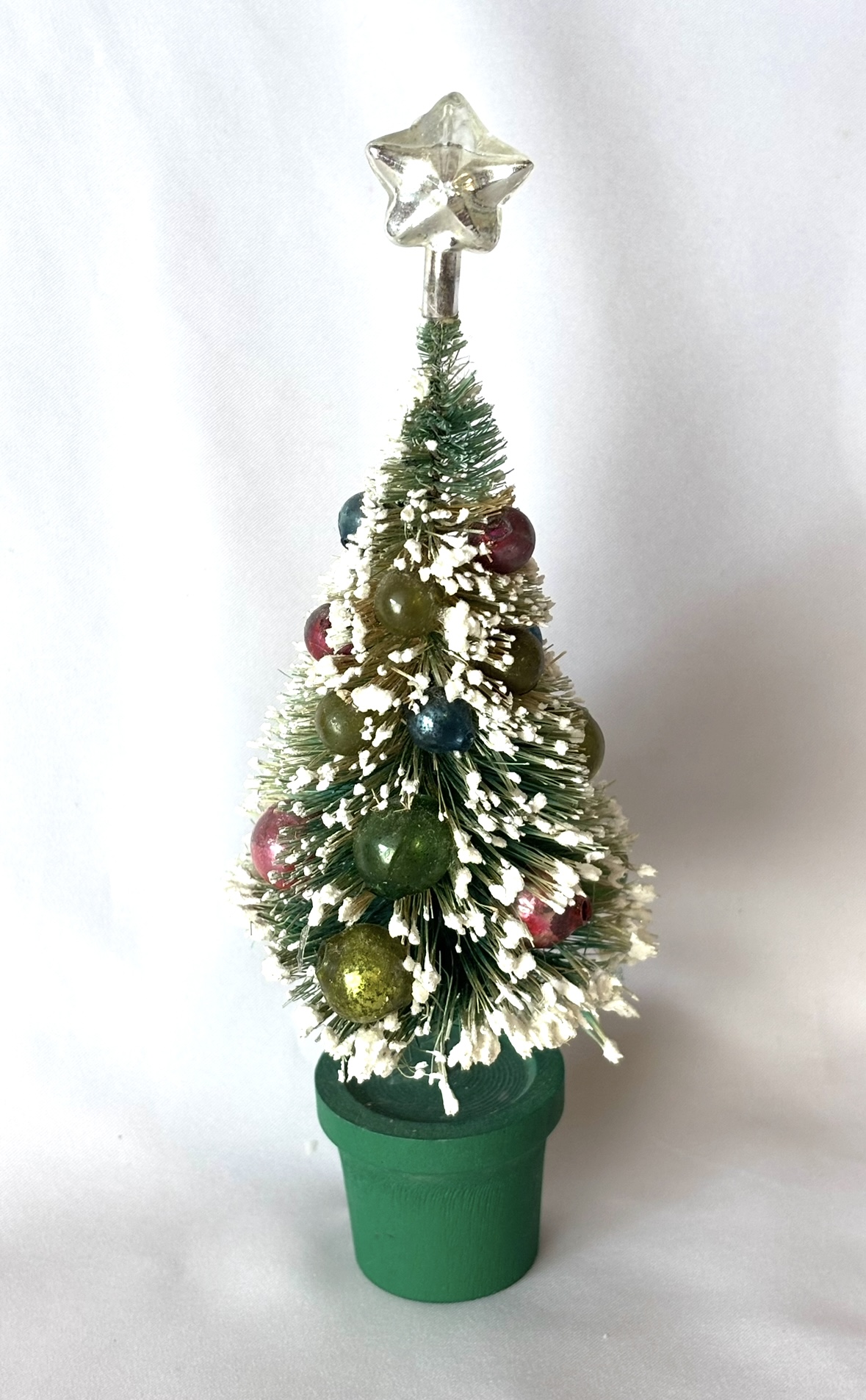 Vintage Bottle Brush Decorated Tree Mercury Glass Ornaments Snow Star, Japan Putz Tree 1950s