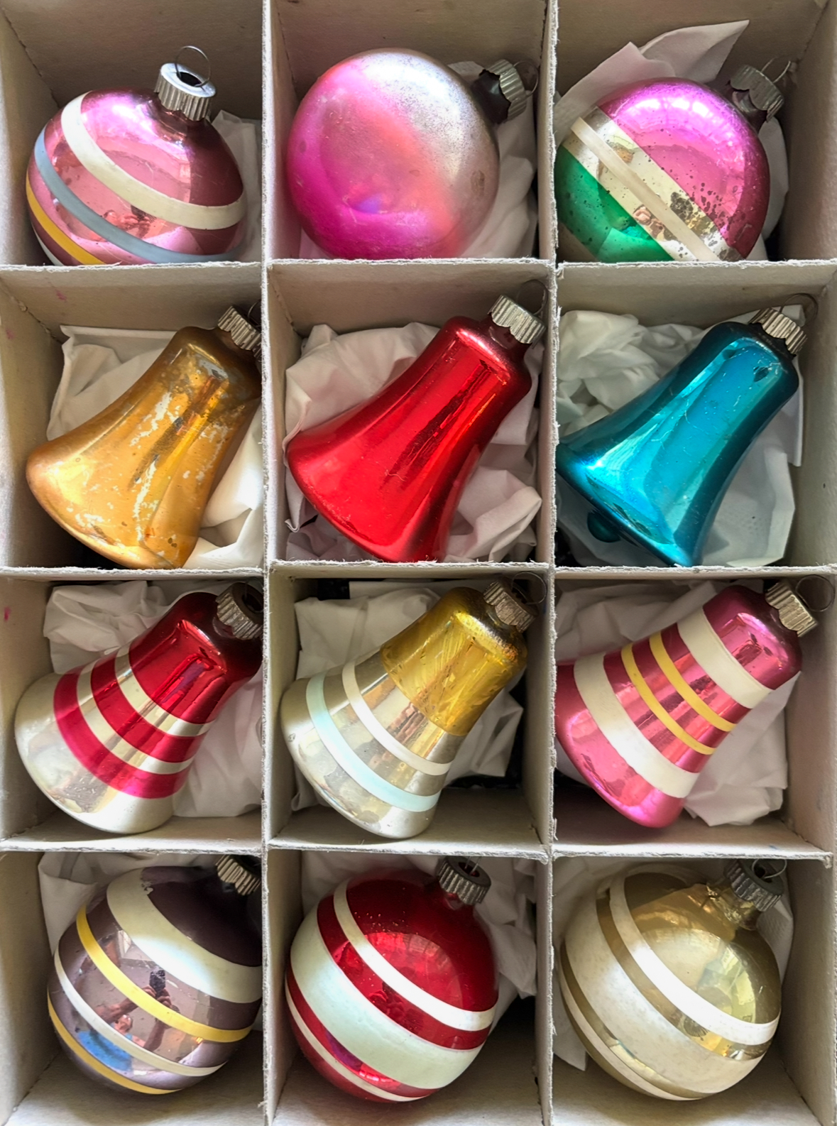 Vintage Shiny Brite Ornaments, 12 Glass Christmas Ornaments 6 Round Stripes 6 Large Bells