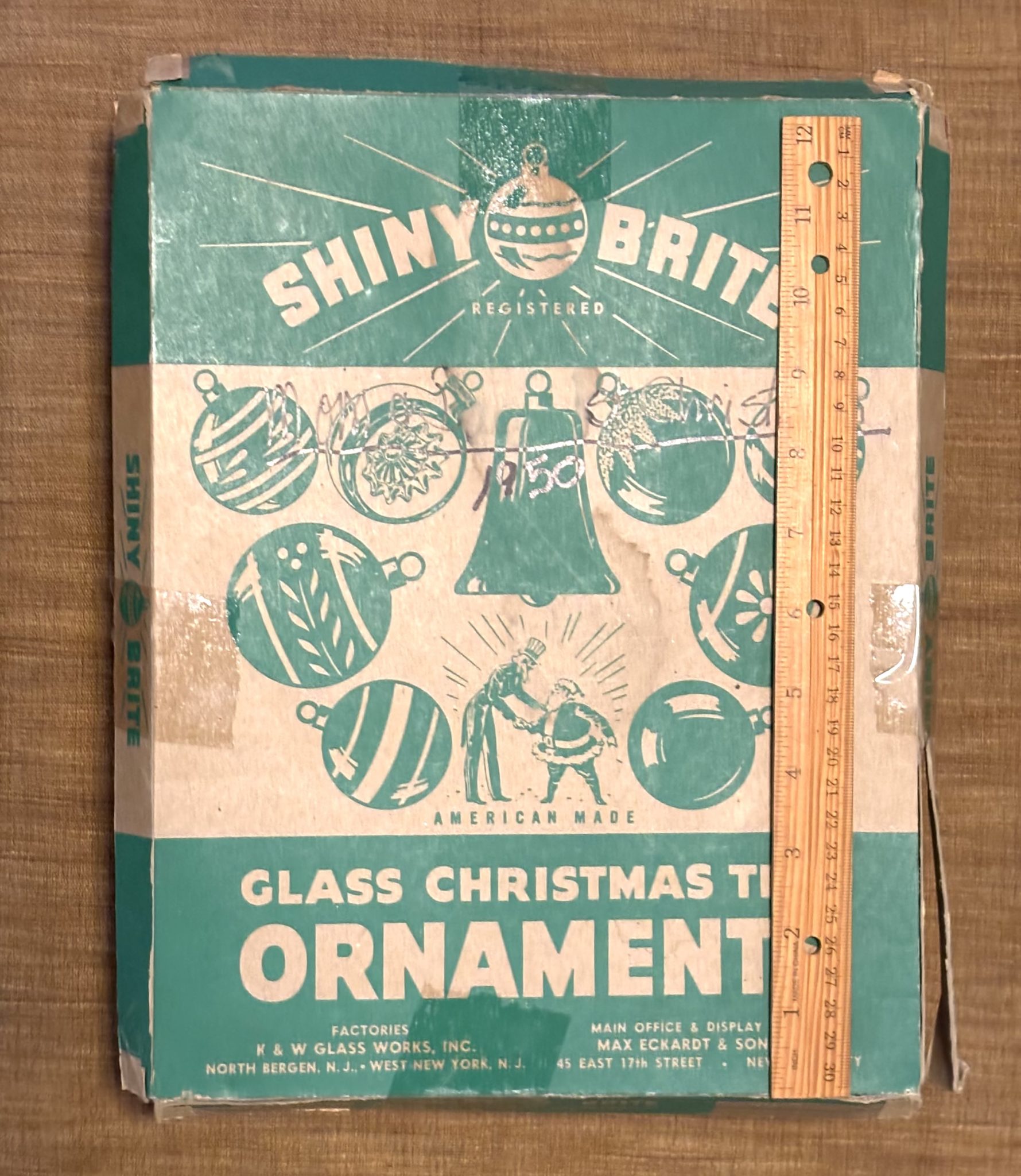 Vintage Shiny Brite Ornaments, 12 Glass Christmas Ornaments 6 Round Stripes 6 Large Bells - Image 4
