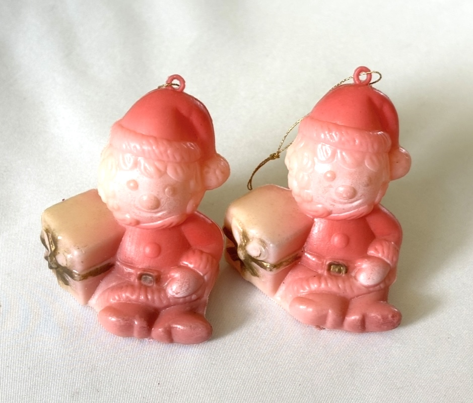 Vintage Plastic Blow Mold Santa Ornaments Lot of 2 Sitting Clown Santa 1960s