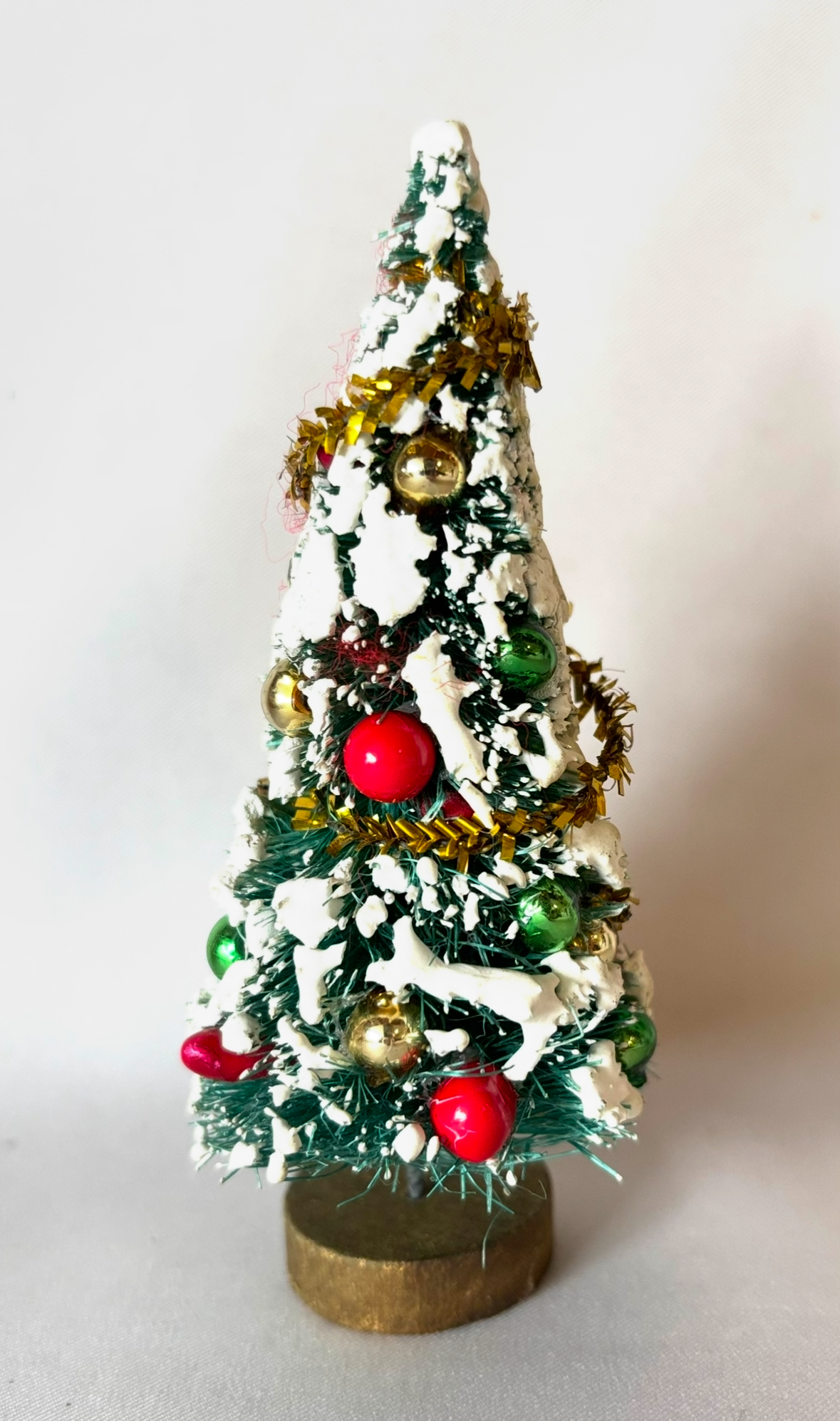 Vintage Bottle Brush Decorated Tree Flocked with Glass Ornaments Berries Putz Tree